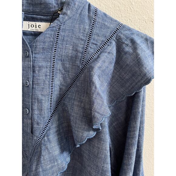 Joie Rivoire NWT Blue Chambray Ruffle Puff Sleeve Cotton Blouse Top size Small - Picture 3 of 16